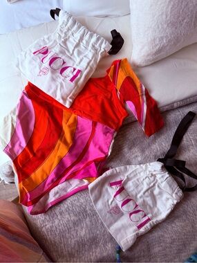 Emilio Pucci Girls' Bandeau Swimsuit in Pink, Red & Orange Wave Print